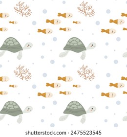 Childrens sea animals pattern, childish ocean marine life seamless background. Nursery baby animals print. Underwater inhabitants collection background for kids textile, clothes, wallpapers.