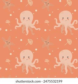 Childrens sea animals pattern, childish ocean marine life seamless background. Nursery baby animals print. Underwater inhabitants collection background for kids textile, clothes, wallpapers.