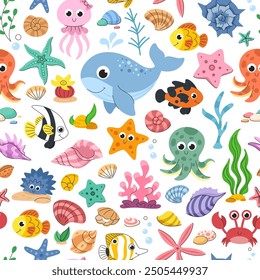 Childrens sea animals seamless pattern. Vector background with sea creatures, fish, seaweed and shells. Vector background.