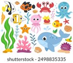 Childrens sea animals set. Cute sea creatures and elements. Fishes, octopus, whale, shells and seaweed. White background.