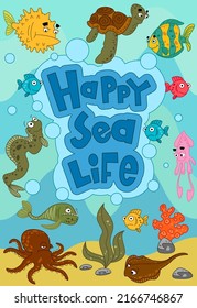 Children's sea illustration. Childish Cartoon Image of Marine Life Surrounded by Air Bubbles. Social Media sSicker Design, NFT Design, Digital Art.