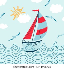 Children's sea poster with seascape, sailboat, seagull and handwritten lettering Summer in cartoon style. Cute concept for kids print. Illustration for the design postcard, textiles, apparel. Vector