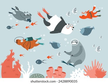 Children's sea wallpaper: underwater world. Panda, raccoon, capybara, fox and sloth swim underwater with a mask and flippers. Vector illustration background.