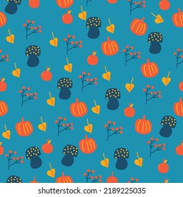Patrón de otoño sin fisuras de los niños con calabaza, manzana, champiñón y una rampa sobre un fondo azul. Ideal para tarjetas de felicitación, papel pintado, papel envolvente, tela, decoración de vivero.
