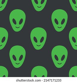 Children's seamless background with alien ufo faces. Sci-fi pattern on a dark background. Hand-drawn doodle style. Alien pattern, a children's pattern in the style of a hand-drawn doodle.