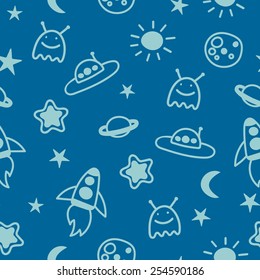 children's seamless background with space, rockets, aliens and stars