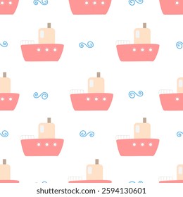 Children's seamless boat pattern. A simple vector illustration of a boat sailing on the waves. Minimalistic pattern. A children's illustration or design element related to the marine theme.