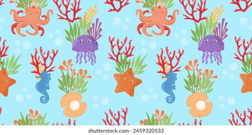 Children's seamless delicate pattern with sea animals: seahorse, octopus, jellyfish, starfish with corals, algae and shells with pearls. For children's fabrics, baby clothes, covers.Vector flat design