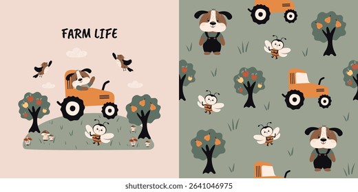 Children's seamless drawing with a cute dog on a tractor. Vector design for bed linen, fabric, wallpaper, wrapping paper and more.
