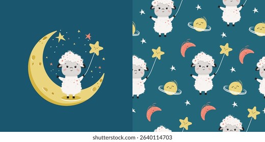 Children's seamless drawing with a cute lamb on the moon, good night. Vector design for baby bedding, fabric, wallpaper, wrapping paper and more.