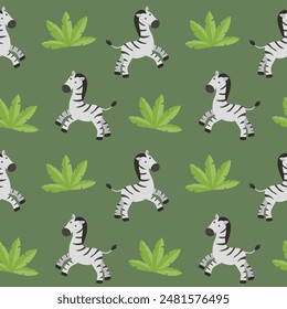 Children's seamless drawing with an image of an animal. Funny zebra on a background of leaves. Vector illustration in a flat style.