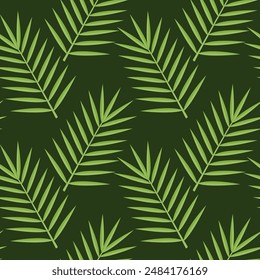 Children's seamless drawing with the image of a plant. Palm leaf on a green background. Vector illustration in a flat style.