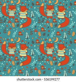 Children's seamless with foxes.  Funny children's pattern. Seamless for fabric design, gift wrapping paper and printing and web projects.