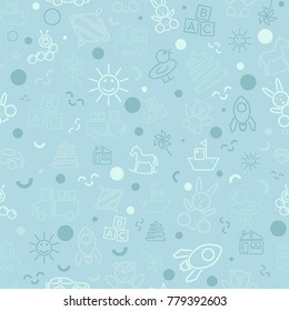 Children's seamless monochromatic festive pattern for packaging, textile, backdrop, print, wallpaper, and cover. The picture shows the icons of children's toys