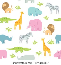 Childrens seamless pattern African animals. Cute lion, baby elephant, giraffe, hippo, zebra and crocodile