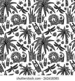 Children's seamless pattern with african animals and plants. Vector hand drawn colorful illustration with lion, rabbits, dragonflies, butterflies, flowers and palms. Black and white background.