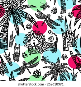 Children's seamless pattern with african animals and plants. Vector hand drawn illustration with lion, rabbits, hares, dragonflies, butterflies, flowers and palms. White background with circles.
