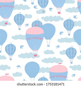 Patrón ininterrumpido de niños con globos de aire, nubes y pájaros sobre fondo blanco. Textura de corte para el diseño de habitaciones para niños, Papel de escritorio, textiles, papel de envoltura, ropa. Ilustración del vector