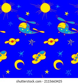children's seamless pattern, airplanes, helicopters and a starry sky on a blue background