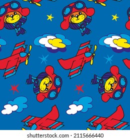 children's seamless pattern, airplanes, helicopters and a starry sky on a blue background