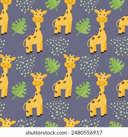 Children's seamless pattern with an animal. Funny giraffe on the background of monstera leaves. Vector illustration in the flat style.