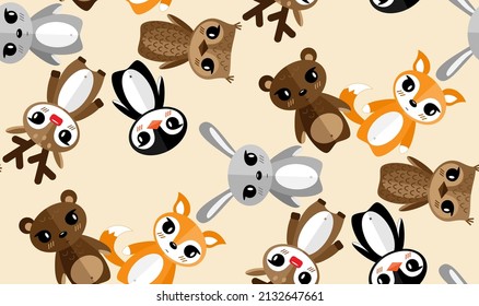 Children's seamless pattern with animals on a pink background. Hare, penguin, bear, fox, owl, deer.