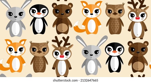 Children's seamless pattern with animals on a pink background. Hare, penguin, bear, fox, owl, deer.