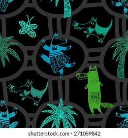 Children's seamless pattern with animals and plants. Vector hand drawn colorful illustration with fox, dog, wolf, butterflies and palms. Black background with circles.