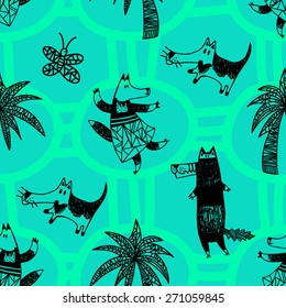 Children's seamless pattern with animals and plants. Vector hand drawn colorful illustration with fox, dog, wolf, butterflies and palms. Turquoise background with circles.