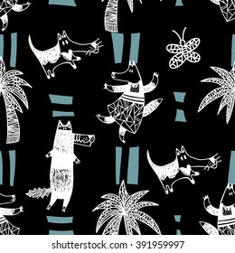 Children's seamless pattern with animals and plants. Vector hand drawn colorful illustration with fox, dog, wolf, butterflies and palms. Black background
