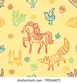 Children's seamless pattern. Animals from the Russian fairy tale.