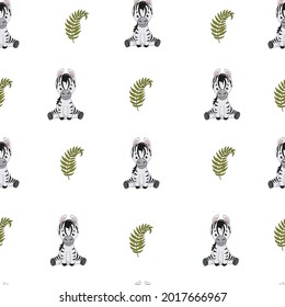 
childrens seamless pattern with baby zebra and green leaves