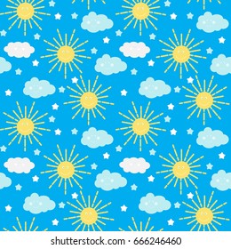 Children's Seamless Pattern Background with Sun, Cloud and Stars Vector Illustration EPS10