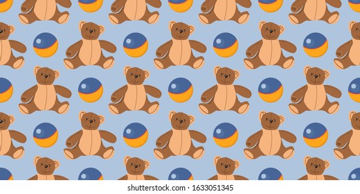 Children's seamless pattern. The ball for the game. Children's textiles and wrapping paper. Teddy bear toy