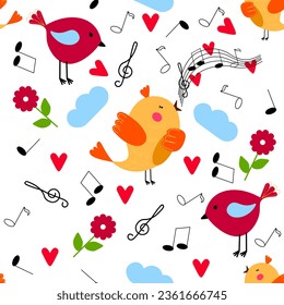 Children's seamless pattern bird sings multicolored cheerful heart notes on a white background Vector