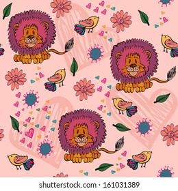 children's seamless pattern with birds and lions.