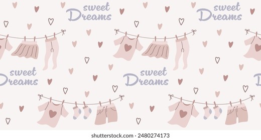 Children's seamless pattern for birthday, wallpaper, fabric, bed linen design. Illustration of baby clothes on a clothesline in flat style. Vector illustration.
