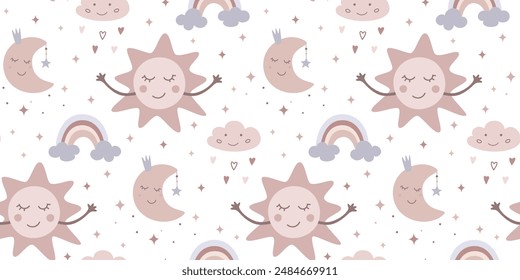 Children's seamless pattern for birthday, wallpaper, fabric, bed linen design. Cute illustration of sun, moon, cloud, rainbow in cartoon design. Vector illustration.
