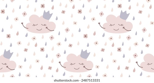 Kindernahtloses Muster für Geburtstag, Bildschirmhintergrund, Stoff, Bettwäsche-Design. Nette Illustration der Wolke mit Krone im Cartoon-Design. Vektorillustration.
