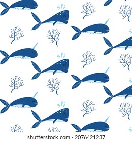 Childrens seamless pattern with blue whales. Patter with cute whale and narwhal. Suitable for fabrics, wrapping papers and prints.