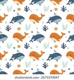 Childrens seamless pattern with blue whales. Patter with cute whale . ideal for serene and peaceful ocean designs.