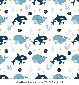 Patrón sin costuras para niños con ballenas azules. Patrón con la ballena linda. ideal para diseños de océano sereno y pacífico.