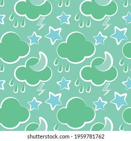 Children's seamless pattern. Bright drawing of clouds, stars, rain, thunderstorms, lightning.