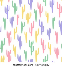 Children's seamless pattern with cactus on white background in cartoon style. Cute texture for kids room design, Wallpaper, textiles, wrapping paper, apparel. Vector illustration