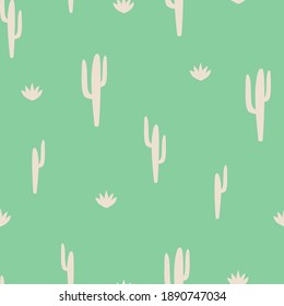 Children's seamless pattern with cactus on green background in cartoon style. Cute texture for kids room design, Wallpaper, textiles, wrapping paper, apparel. Vector illustration