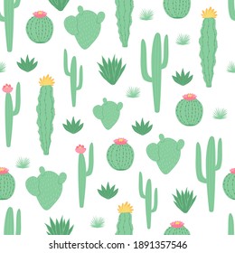 Children's seamless pattern with cactus on white background in cartoon style. Cute texture for kids room design, Wallpaper, textiles, wrapping paper, apparel. Vector illustration