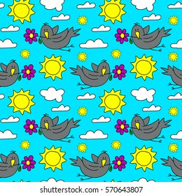 children's seamless pattern can be used for cloth, oilcloth, curtains, clothing, wallpaper, as background for the site, design of children's products, bird,raven, sun, turquoise background, sky,clouds