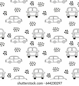 Children's seamless pattern with cars. Vector outline pattern for the design of children's clothing, wallpaper, room decoration, home textiles, packaging, wrapping paper, covers
