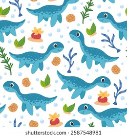 Children's seamless pattern cartoon dinosaurs, seaweed and shells. Prehistoric underwater world background.