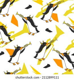 Children's seamless pattern with cartoon penguins playing on the tube. Simple design print for wrapping paper, and textile design